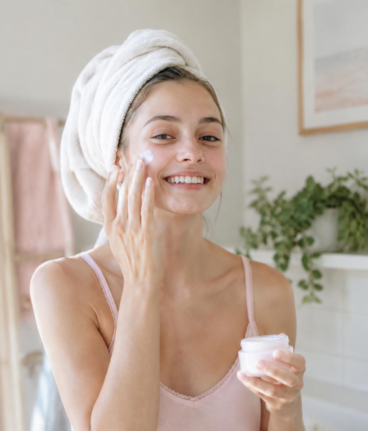 A young woman applying moisturizer